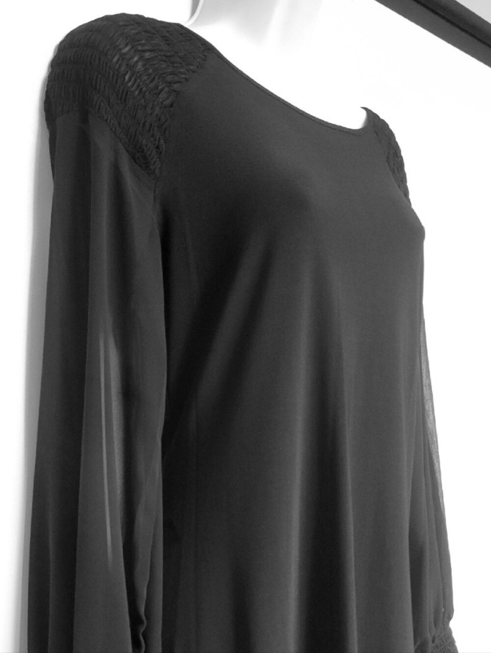 MSK Black Sheer Long-Sleeve Smocked-Yoke A-Line Midi Dress Small - Picture 6 of 8